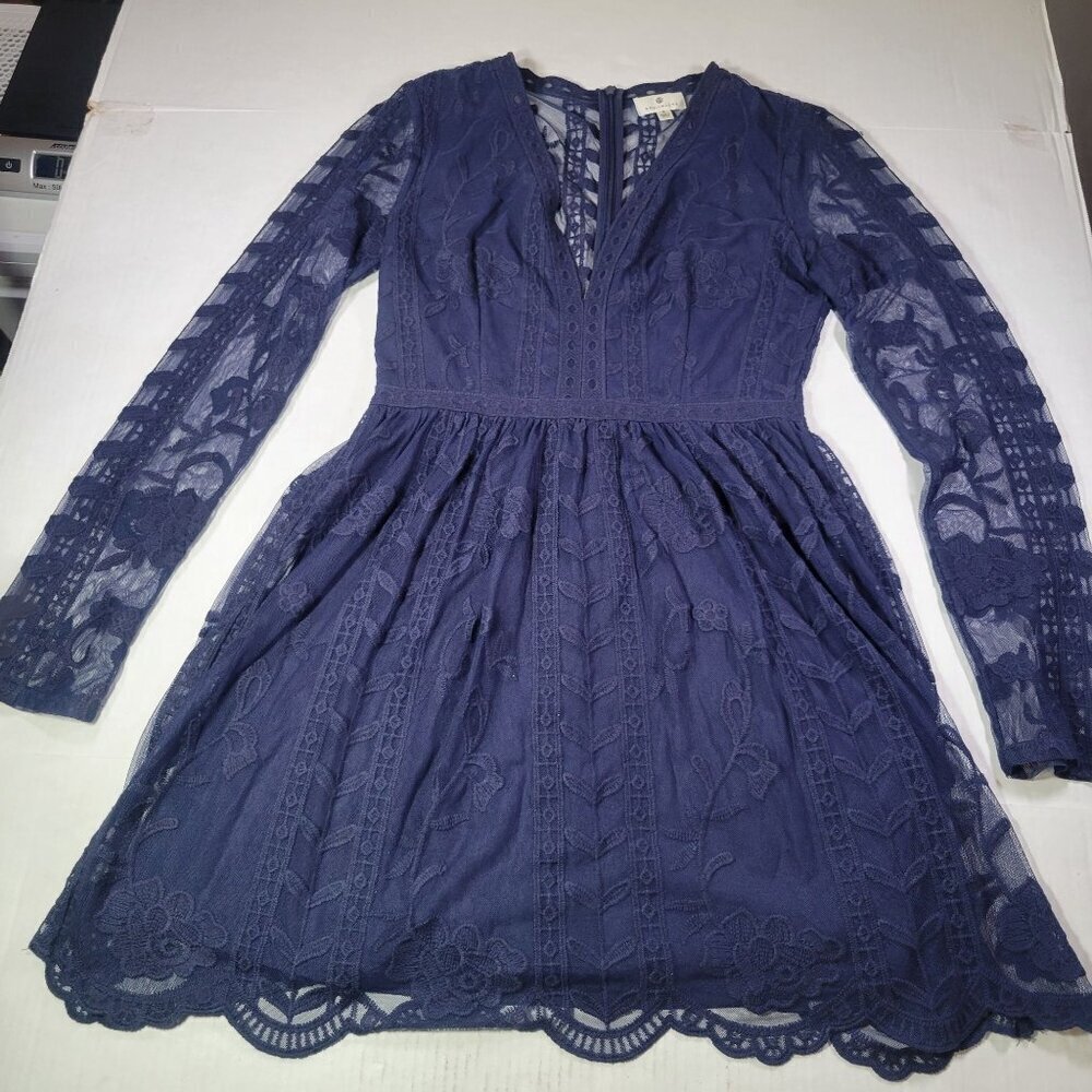 Socialite Navy Blue Formal Lace Long Sleeve Fit & Flare Dress Size S